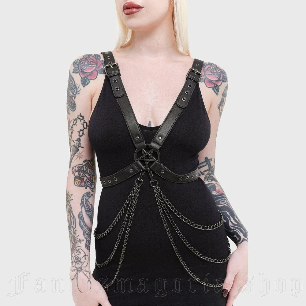 Killstar Devil Energy Pentagram Harness Black PU Leather Detachable Chain Gothic